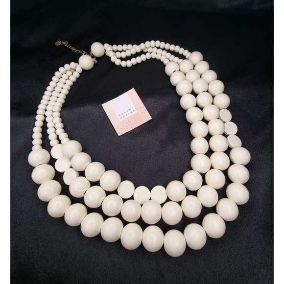Susan Graver Multi-Strand White Wooden Beaded Necklace Statement Jewelry - Picture 1 of 5